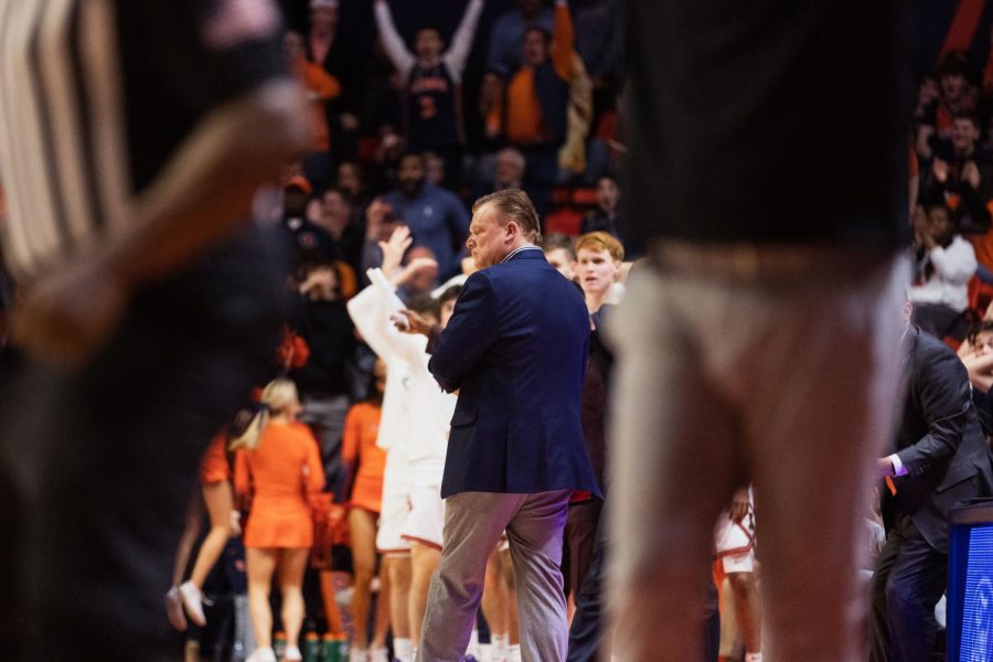 Head Coach Brad Underwood observes  the court during the first half of a game against Northwestern on Feb. 23.
SIU junior forward Marcus Domask will be announced via twitter that he will be joining Underwood and the rest of the Illini team for this upcoming season.