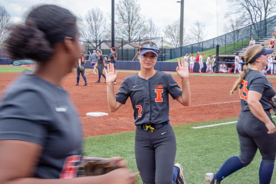 Gabi Robles greets her team as they run by during a game against Ohio on Saturday.
The Illini will be facing tough competitor being, Illinois State on Tuesday. 