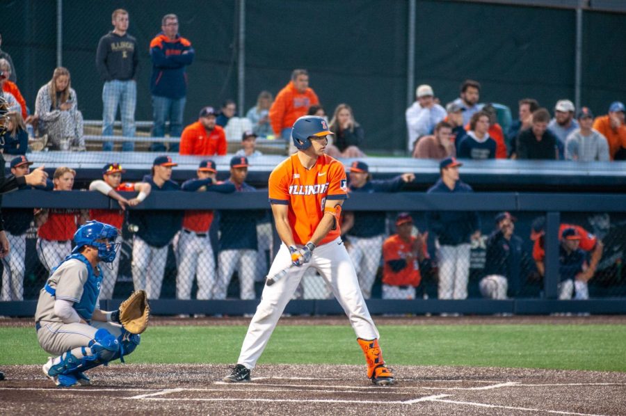 Catcher Jacob Schroeder settles into the batters box for his at-bat in the bottom of the seventh inning against Eastern Illinois on April 18. The Illini finished the game with a 9-3 win on date. 