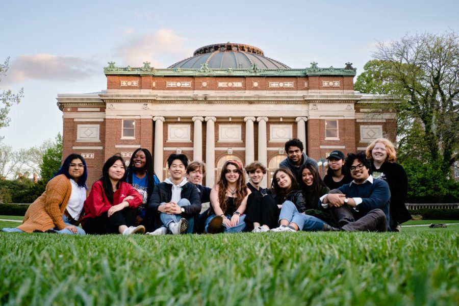 The Daily Illinis 2023 editorial board on the Main Quad in front of Foellinger Auditorium on May 5.
