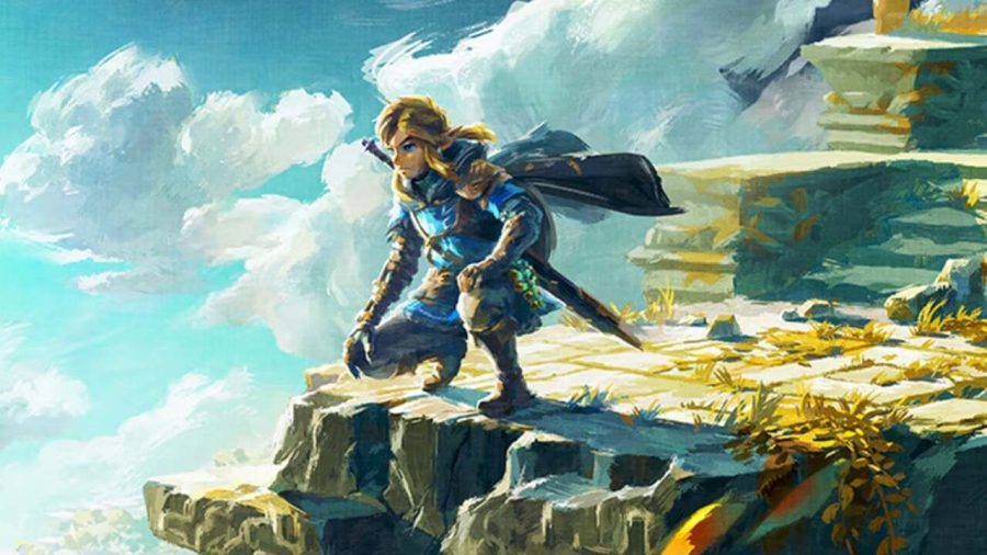 Painting of the hero of Tears of the Kingdom, Link, staring over a cliff.