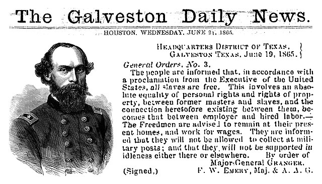 A newspaper clipping from June 21, 1865 announcing the freeing of enslaved people in Galveston, TX.