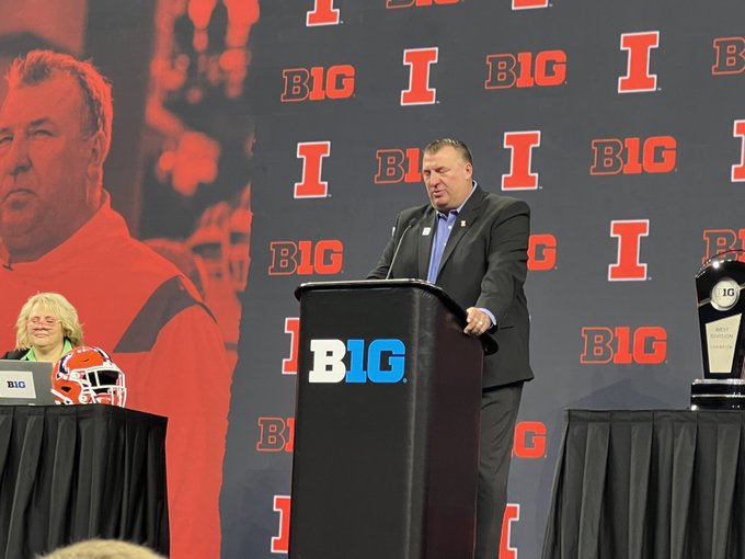 Illinois head coach Bret Bielema speaks at Big Ten Media Day. The third-year coach spoke for about six minutes before answering media questions