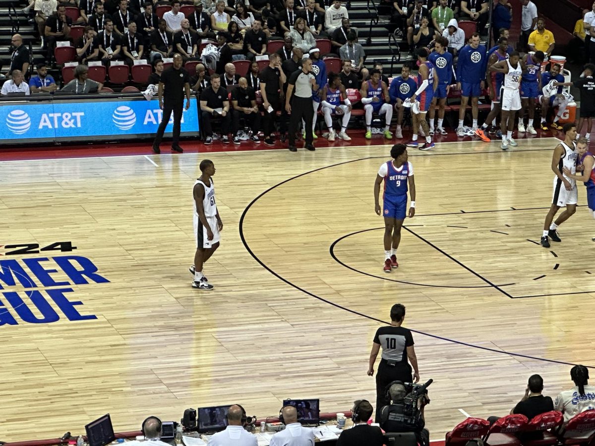 Former Illini Malcolm Hill (left) being guarded by Ausar Thompson (right), No. 5 pick in the 2023 NBA Draft, during Hill and the Magics NBA 2K24 Summer League debut. 