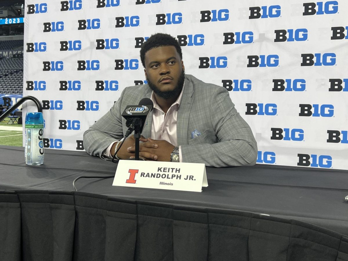 Junior defensive lineman Keith Randolph Jr. speaks to media at Lucas Oil Stadium on July 26. Randolph Jr. emphasized his love of the school and the growth hes seen during his time at Illinois.
