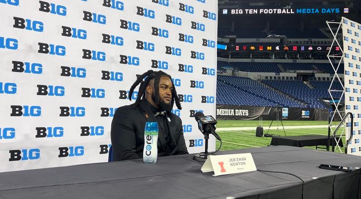 Junior DL JerZhan Newton speaks to media at Lucas Oil Stadium on July 26. Newton was one of three Illini players in attendance for Big Ten media day.