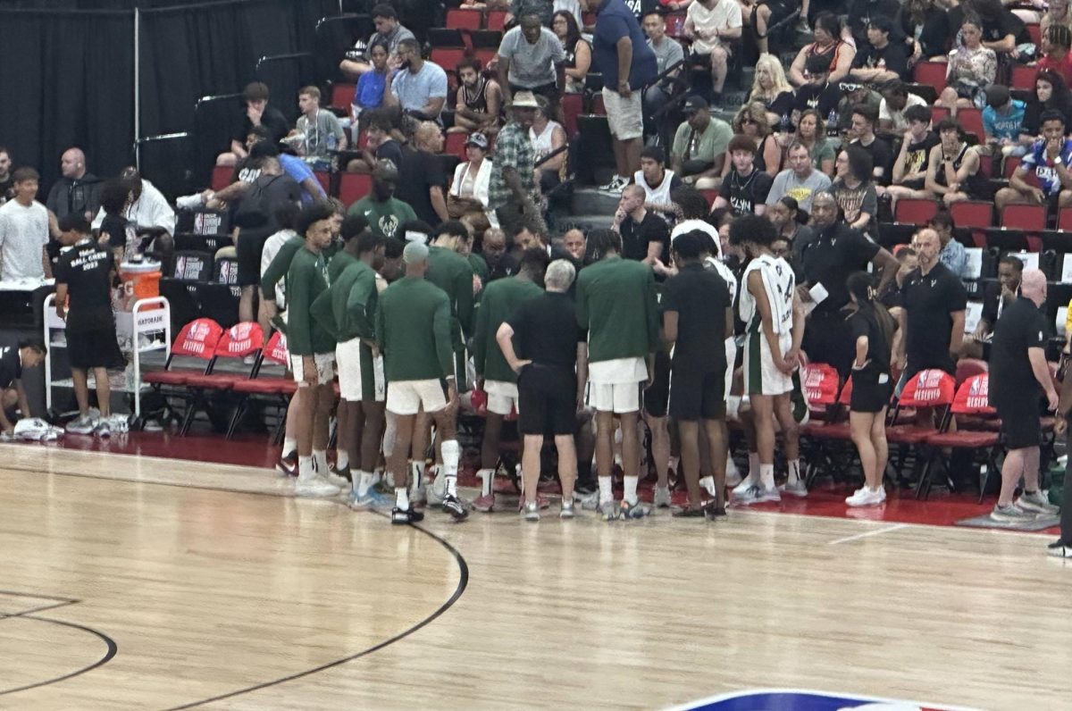 Former Illini Alan Griffin and the Milwaukee Bucks during a timeout in the first quarter. Through the first half both teams were neck and neck but a dominant third quarter from the Brooklyn Nets opened up the opportunity for Griffins NBA 2K24 Summer League debut.