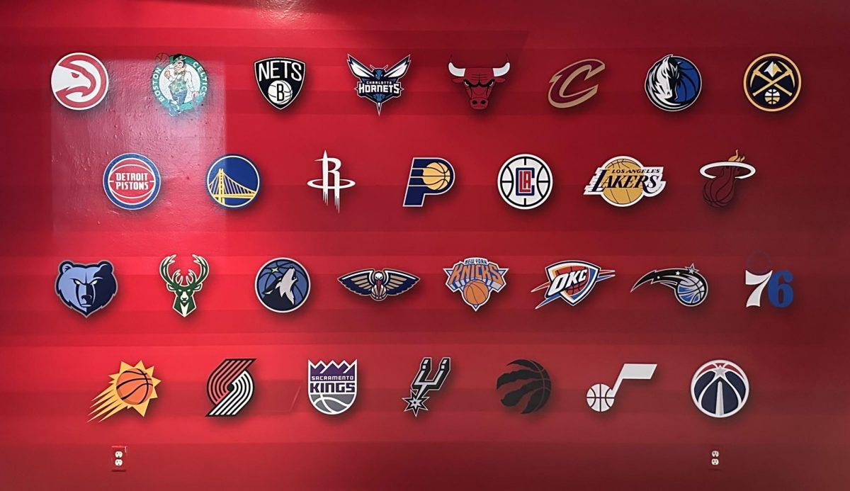 Promotional material located in the concourse outside UNLVs Cox Pavilion. The logos of all 30 NBA organizations participating in the NBA 2K24 Summer League are shown.