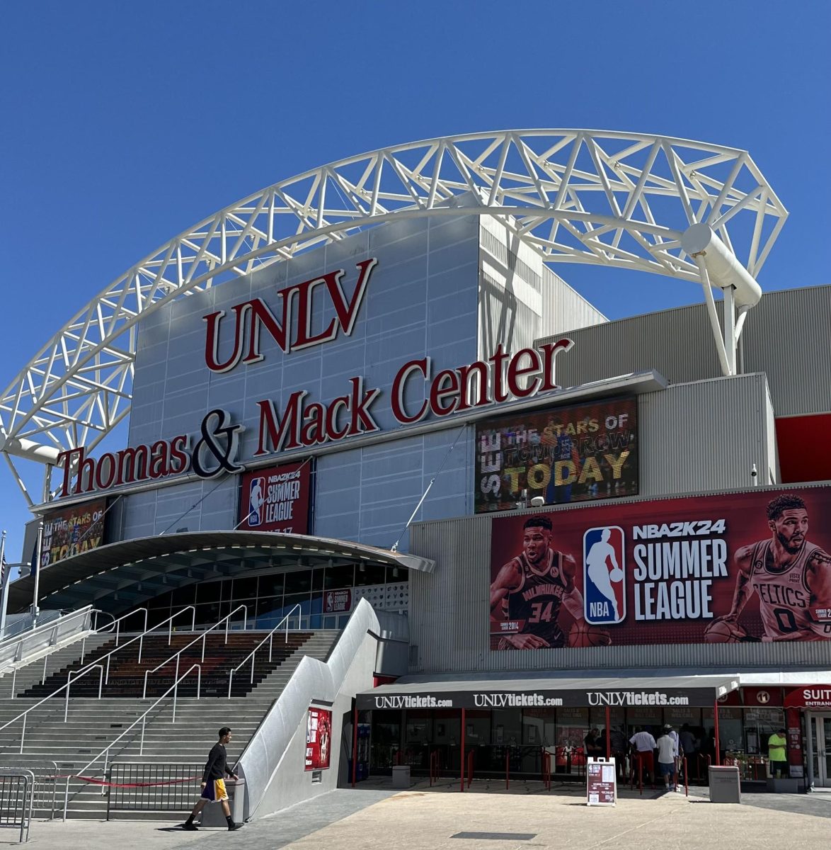 Front entrance of UNLVs Thomas and Mack Center. The primetime events at the NBA 2K24 Summer League will be held inside, while the remaining games will be in connected Cox Pavilion.