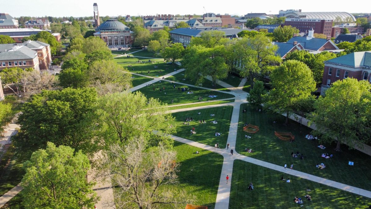 An aerial view of the Main Quad on May 9.