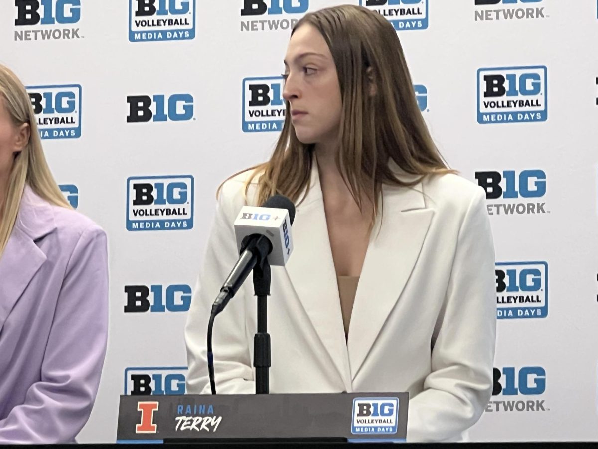 Senior outside hitter Raina Terry looks towards a media member as she receives a question on Aug. 2. Terry spoke to media about her growth and excitement for the upcoming season.