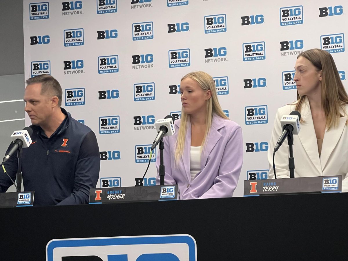 Illinois volleyball coach Chris Tamas, setter Brooke Mosher and outside hitter Raina Terry address media on Aug. 2. Mosher spoke about moving back to the setter role after the departure of former Illini Diana Brown.