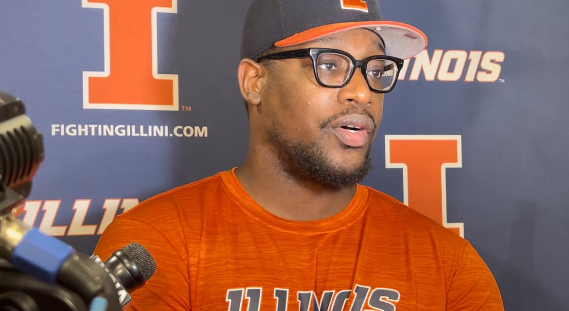 Illinois defensive coordinator Aaron Henry speaks to media on August 4. Henry spoke for about 20 minutes regarding his hopes for players this year, but took time to exude joy over his newborn daughters.