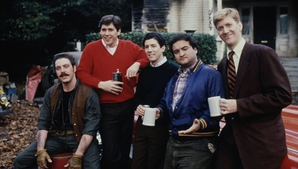 John Belushi, Tim Matheson, Bruce McGill, Peter Riegert and James Widdoes in Animal House (1978)