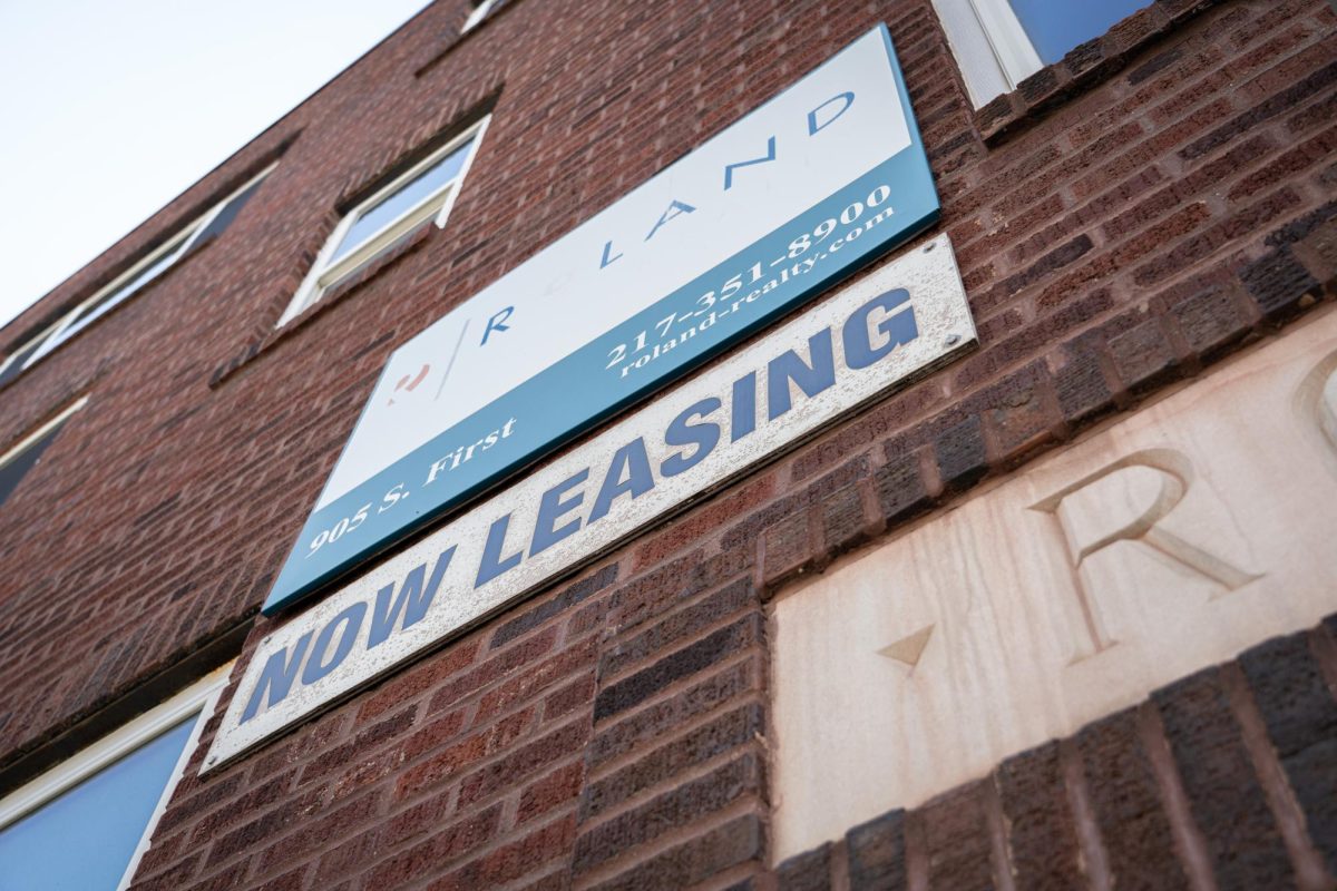A Now Leasing sign displays at a Roland apartment, located at 905 S. 1st St., Champaign, Illinois.
