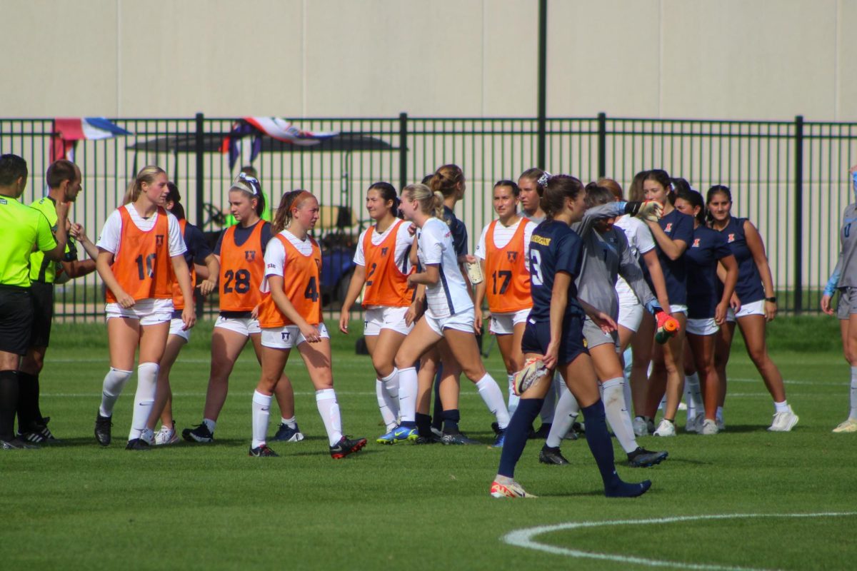 The Illini walk the field during post-game after beating Michigan 3-2.
The Illini play against Northwestern this coming Thursday.