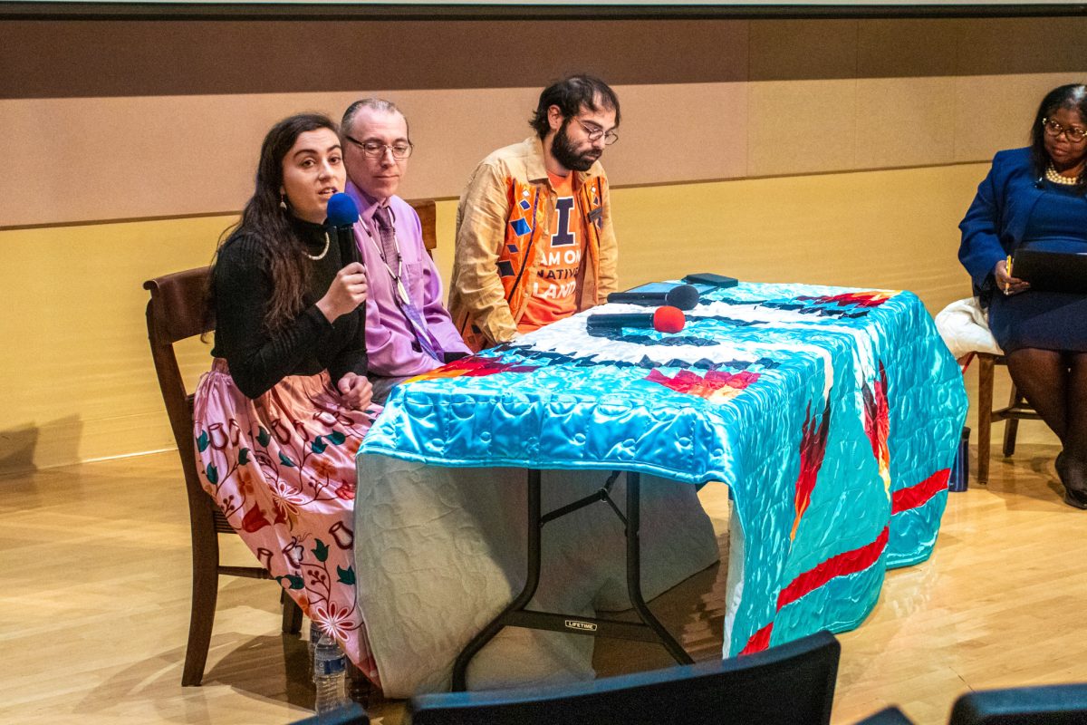 Cydnee Weber discusses Indigenous identity and sovereignty in higher education during an event at Spurlock Museum on Monday.
