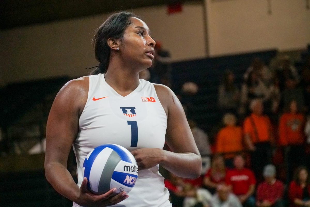 Graduate+middle+blocker+Kennedy+Collins+in+the+fourth+set+against+Rutgers+on+Oct.+15.+Collins+delivered+five+aces+in+Illinois+victory+against+Indiana+on+Thursday.