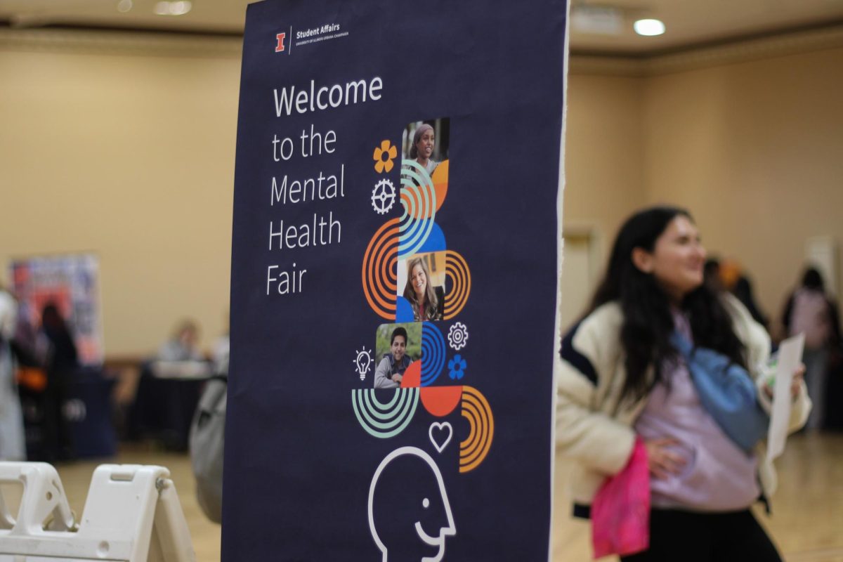 Banner for health fair stands to greet attendees on Monday. 
Student Affairs hosts a mental health fair at the Illini Union with representatives from numerous on campus resources.