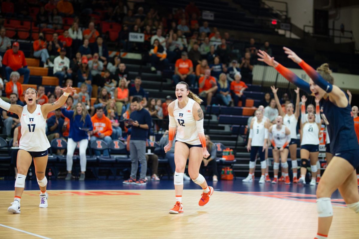 Senior outside hitter Raina Terry celebrating against Rutgers on Oct. 15. Illinois will be up against Indiana in Huff Hall Wednesday.