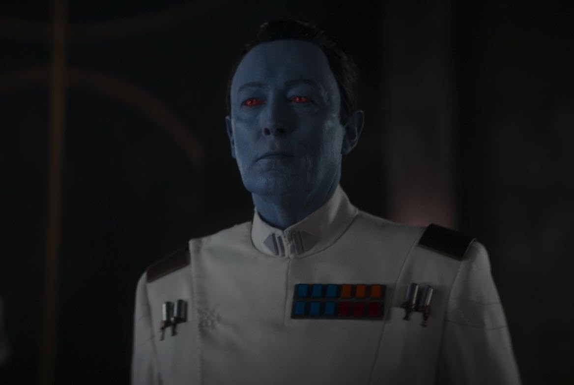 Lars Mikkelsen as grand admiral Thrawn in Disney+ 2023 Star Wars spinoff series Ahsoka. 