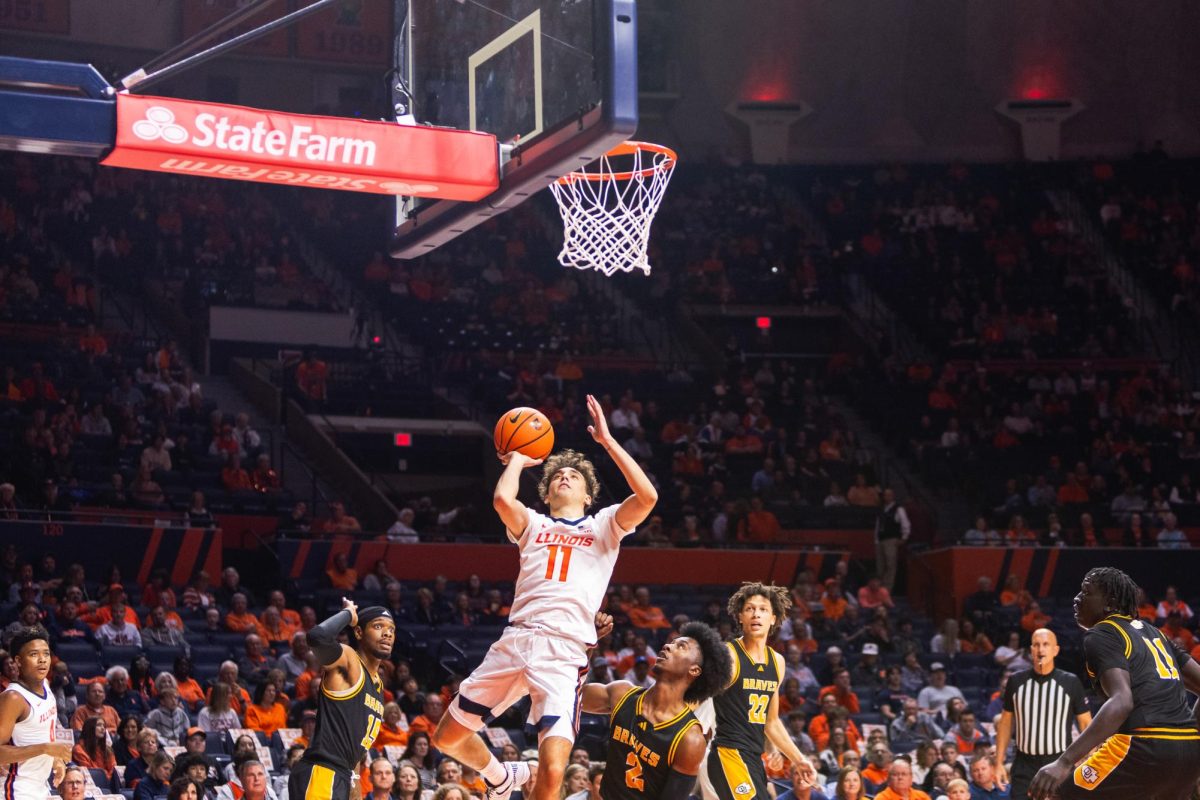 Redshirt Freshman Guard Niccolo Moretti during the first half Illinois exhibition match against Ottawa on Oct. 20. The first half of the game ended in a score of 59 for Illinois and 30 for Ottawa.