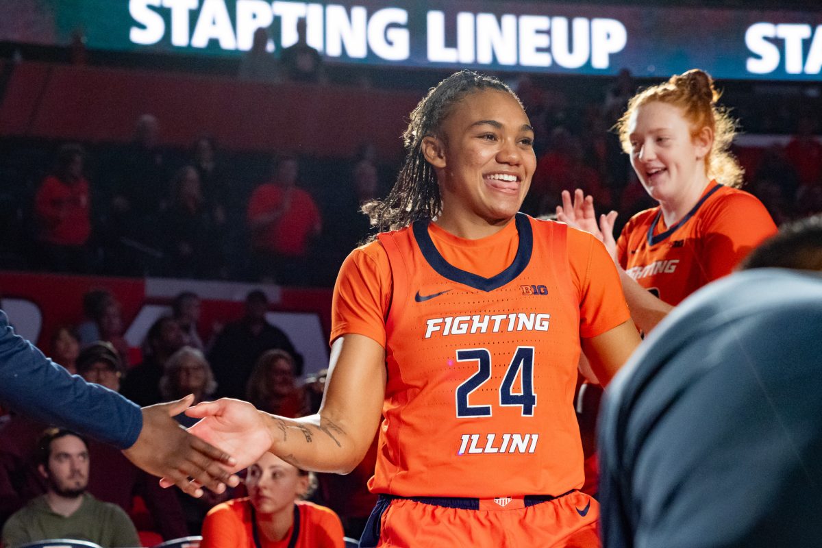 Junior+Adalia+Mckenzie+smiles+as+she+is+announced+in+the+starting+lineup+for+Illinois+against+Morehead+State+on+Nov.+7.+Mackenzie+started+all+32+games+as+a+sophomore+in+the+2022-23+season.