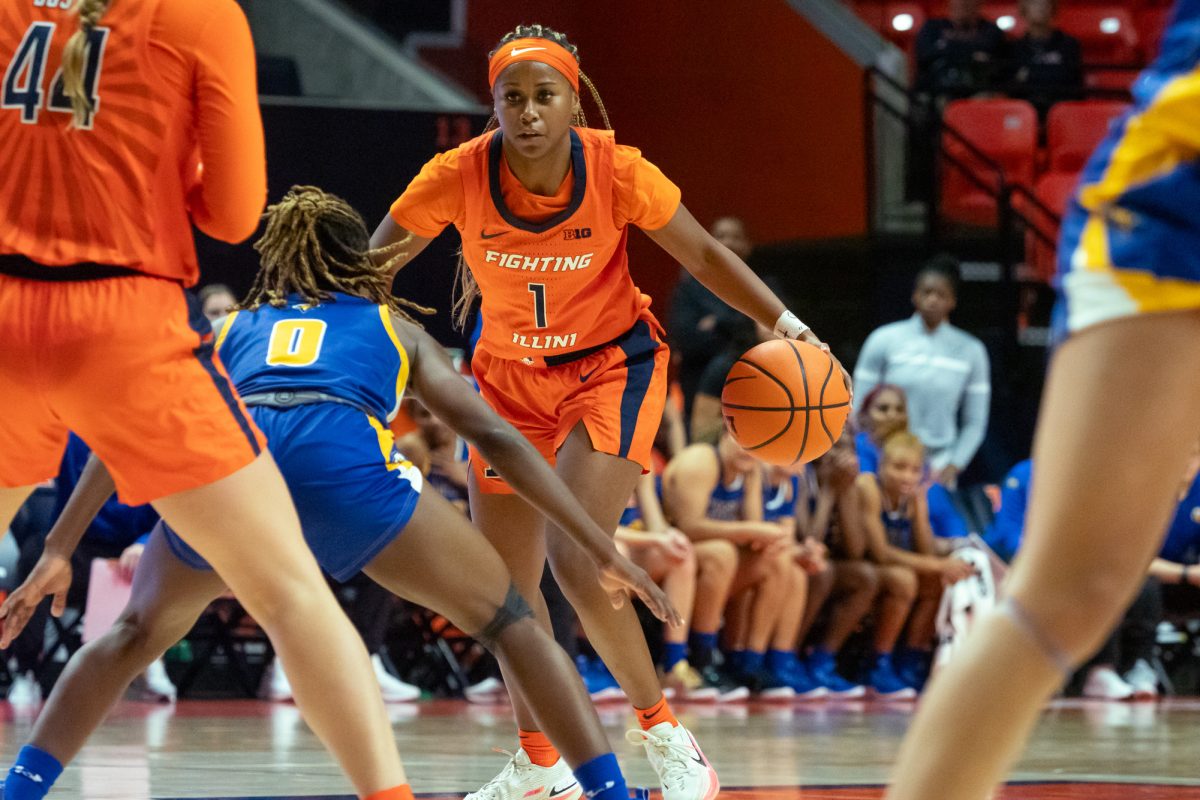 Senior guard Genesis Bryant faces a Morehead State player during the fourth quarter of the Illinois womens basketball season opener on Nov. 7. Bryant scored 31 points in the game against Notre Dame on Saturday.
