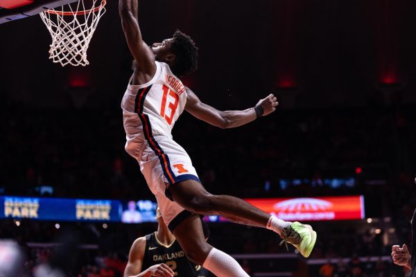 Former Illini Quincy Guerrier during a game against Oakland on Nov. 10, 2023. Guerrier has signed an Exhibit 10 contract with the Toronto Raptors.