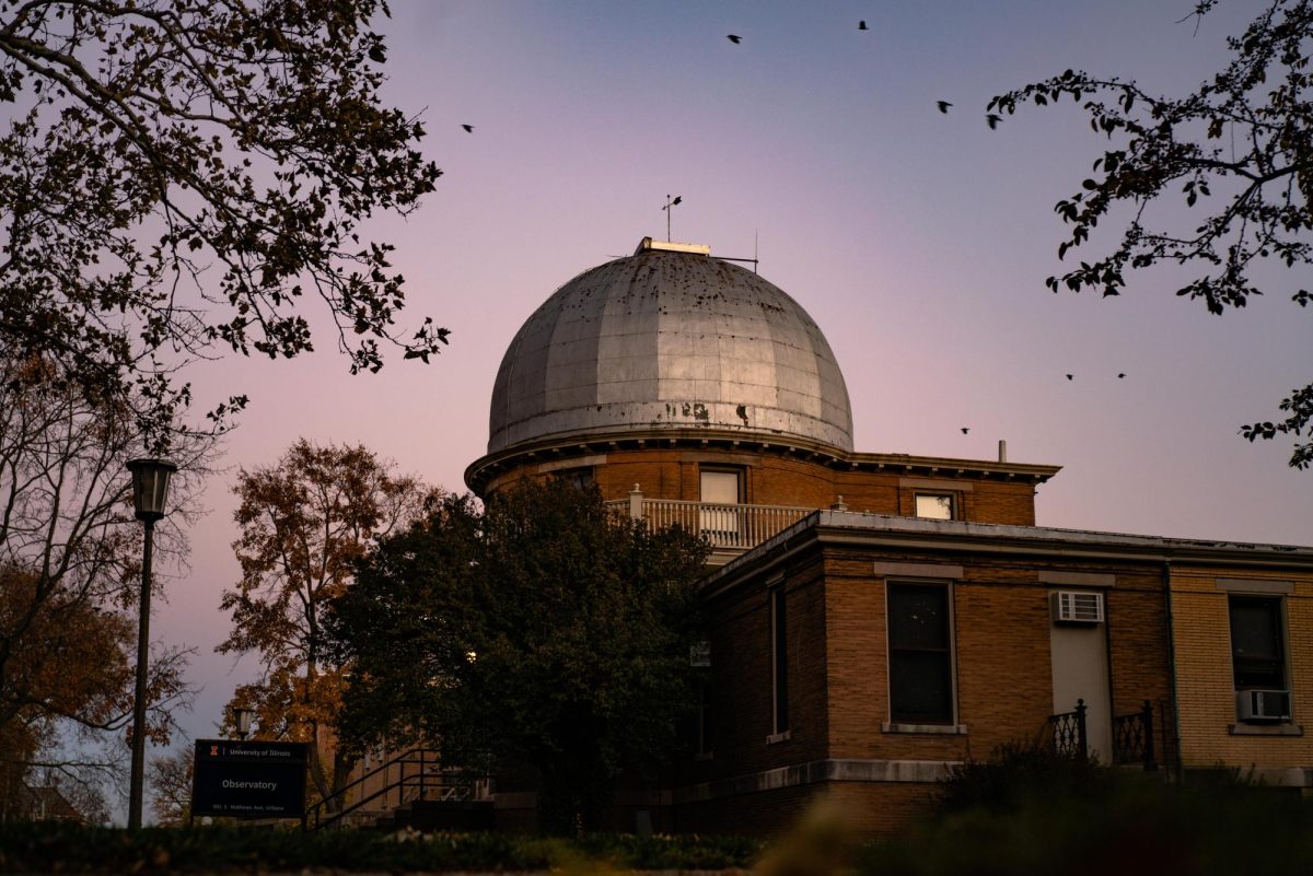 University Observatory during sunset on Tuesday as crows fly above.
