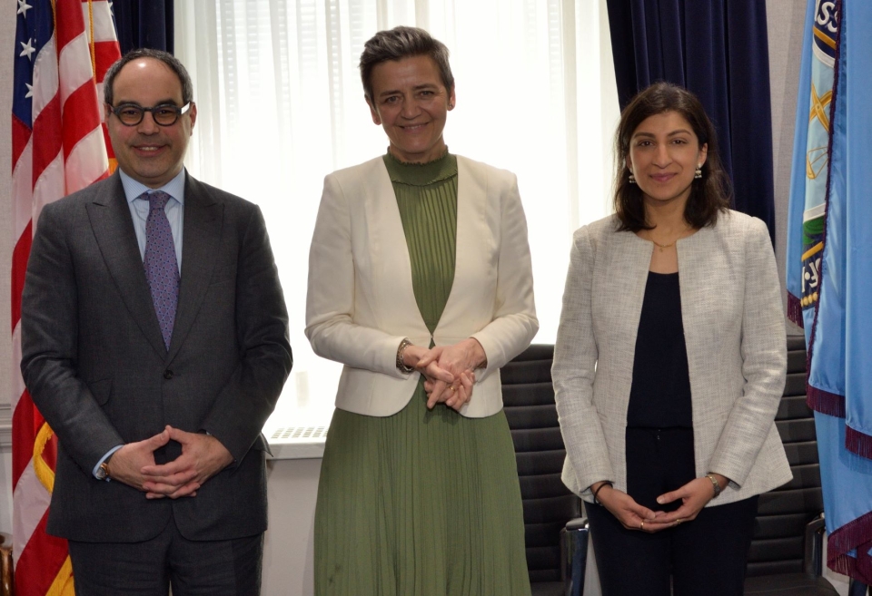 Meeting between assistant attorney General Jonathan Kanter, European commissioner for competition Margrethe Vestager and FTC chair Lina Khan on Mar. 30.