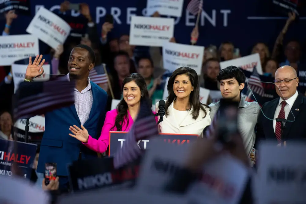 American presidential candidate Nikki Haley (center) and her family at her 2024 presidential campaign announcement in February.