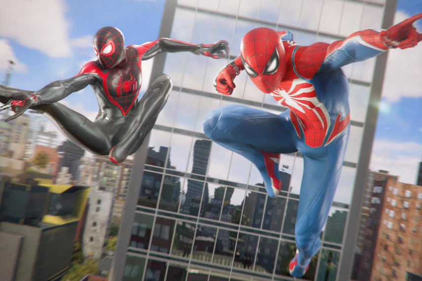 Mile Morales Spider-Man voiced by Nadji Jester and Peter Parker Spider-Man voiced by Yuri Lowenthal in Play Station exclusive videogame Marvels Spider-Man 2 released this year.