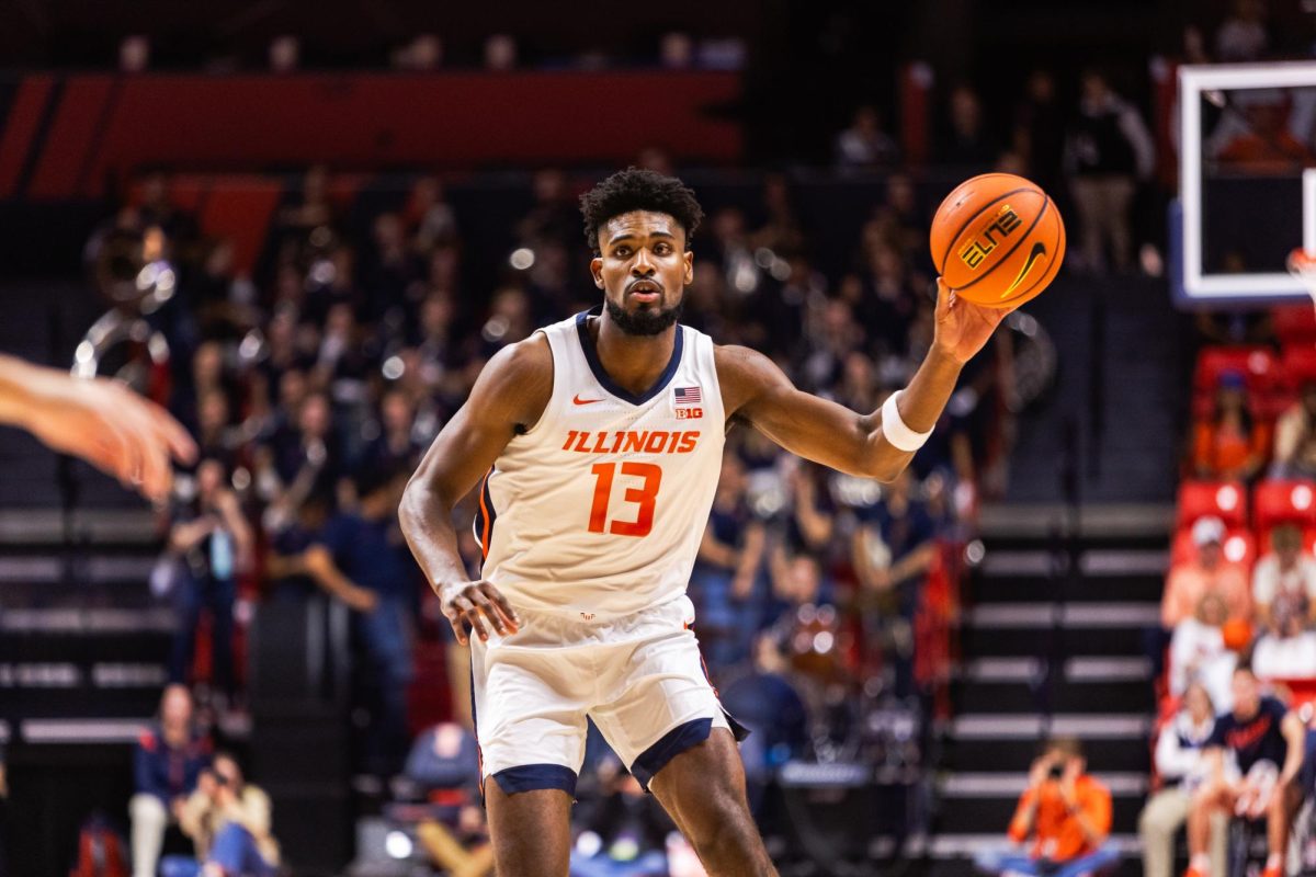 Forward+Quincy+Guerrier+during+the+first+half+Illinois+exhibition+match+against+Ottawa+on+Oct.+20%2C+2023.+The+first+half+of+the+game+ended+in+a+score+of+59+for+Illinois+and+9+for+Ottawa.
