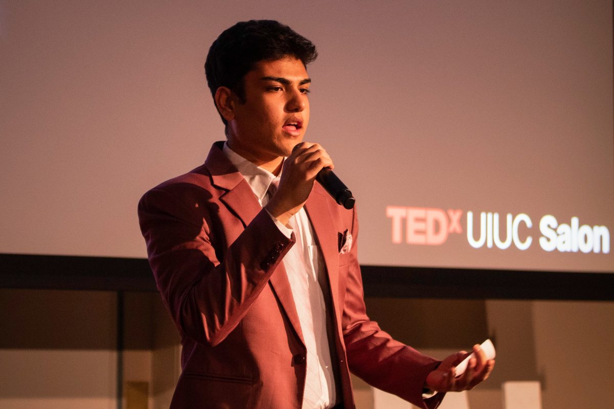 Om Badiyani presenting during the TEDxUIUC event at Illini Union on Tuesday.