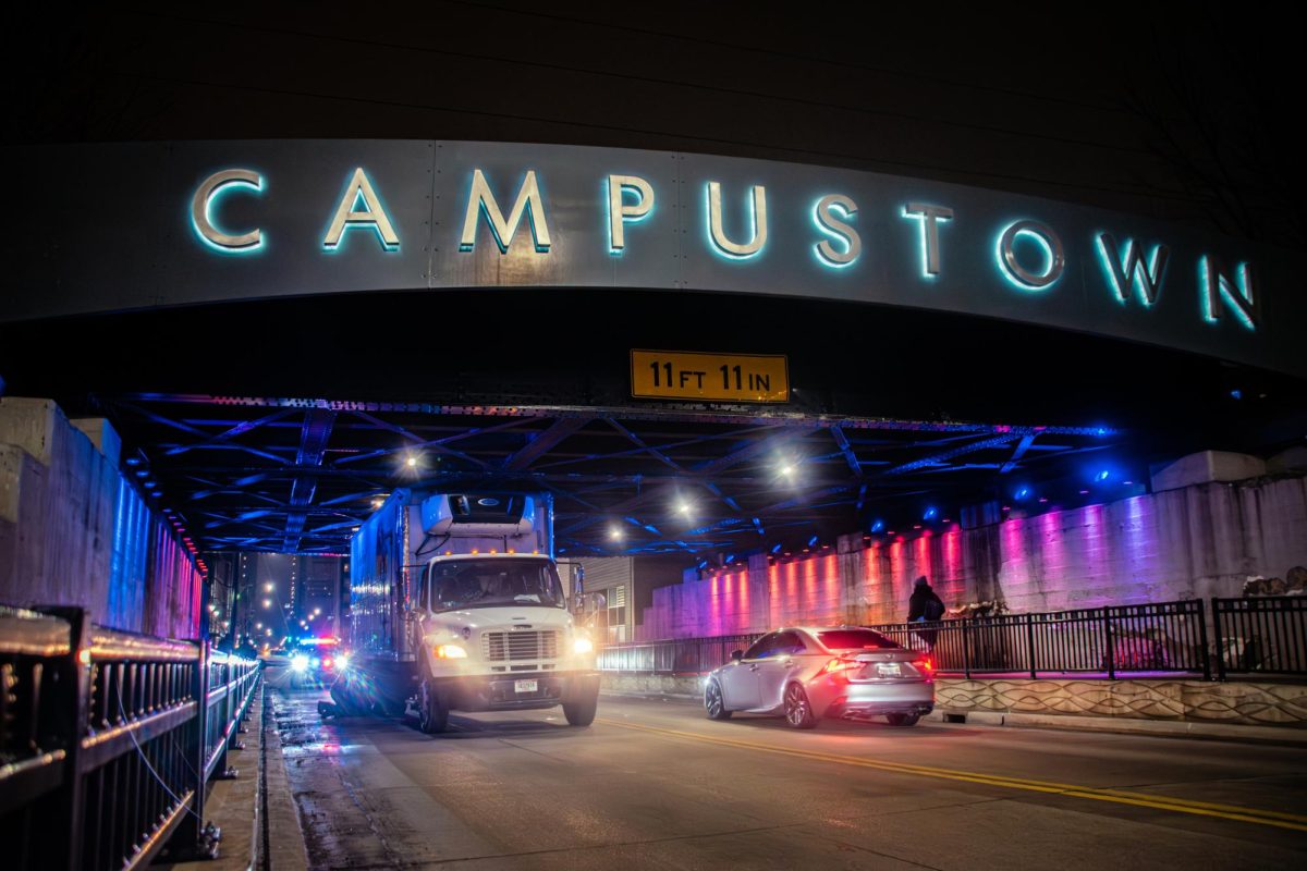 A refrigerated truck was wedged under the Campustown bridge between Neil and First streets on Tuesday night.
