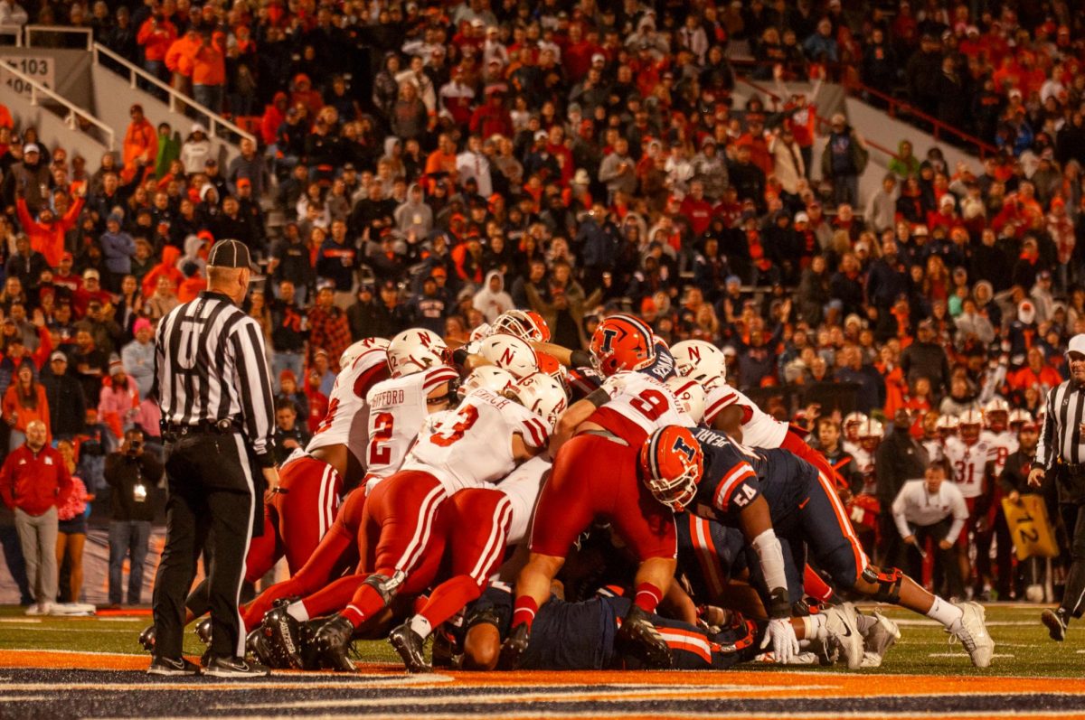 Illinois fails to advance quarterback Luke Altmyer to score from the 1-yard line on third down early in the first quarter against Nebraska, on Oct. 6 at Memorial Stadium. The Illini failed to score in two attempts from one yard away.