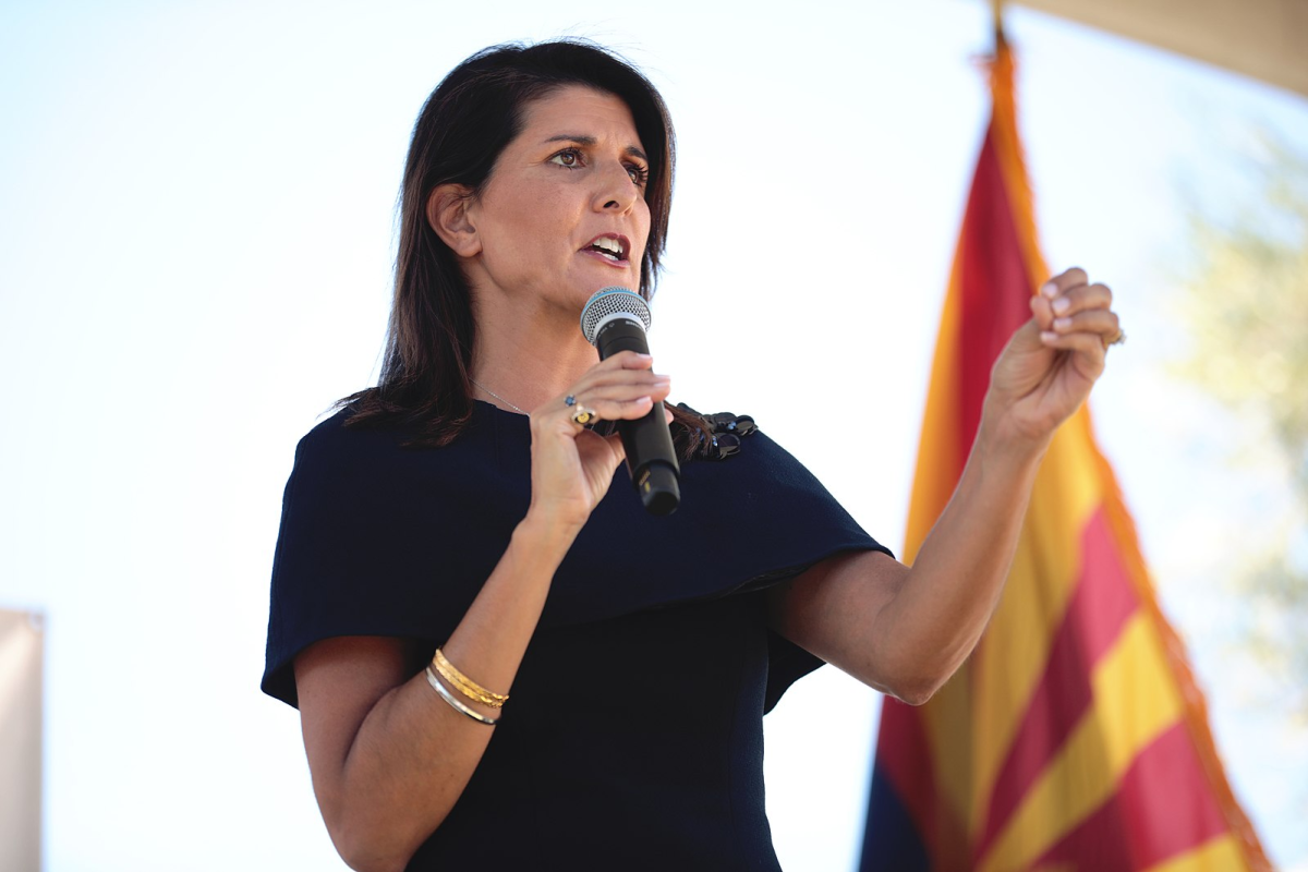 Former United Nations Ambassador Nikki Haley speaking with supporters at a campaign event for U.S. Senator Martha McSally at a home in Scottsdale, Arizona on Oct.12, 2020. 