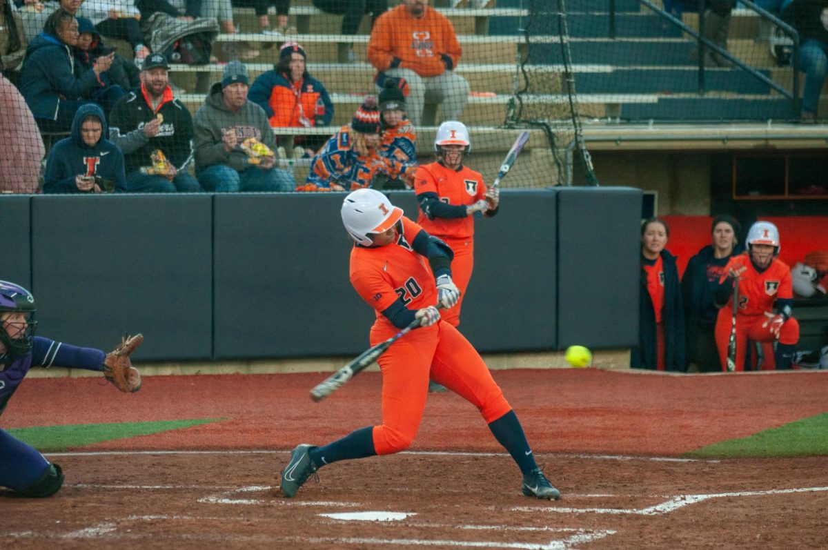 Redshirt senior outfielder Danielle Davis hits a lead-off double to left-center field in the bottom of the third inning against Northwestern on Apr. 5.
