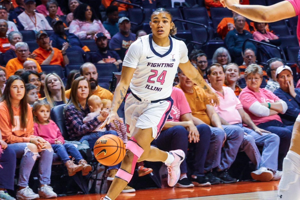 Junior guard Adalia McKenzie makes her way closer to the hoop as the Illinois takes on Maryland on Feb. 12.