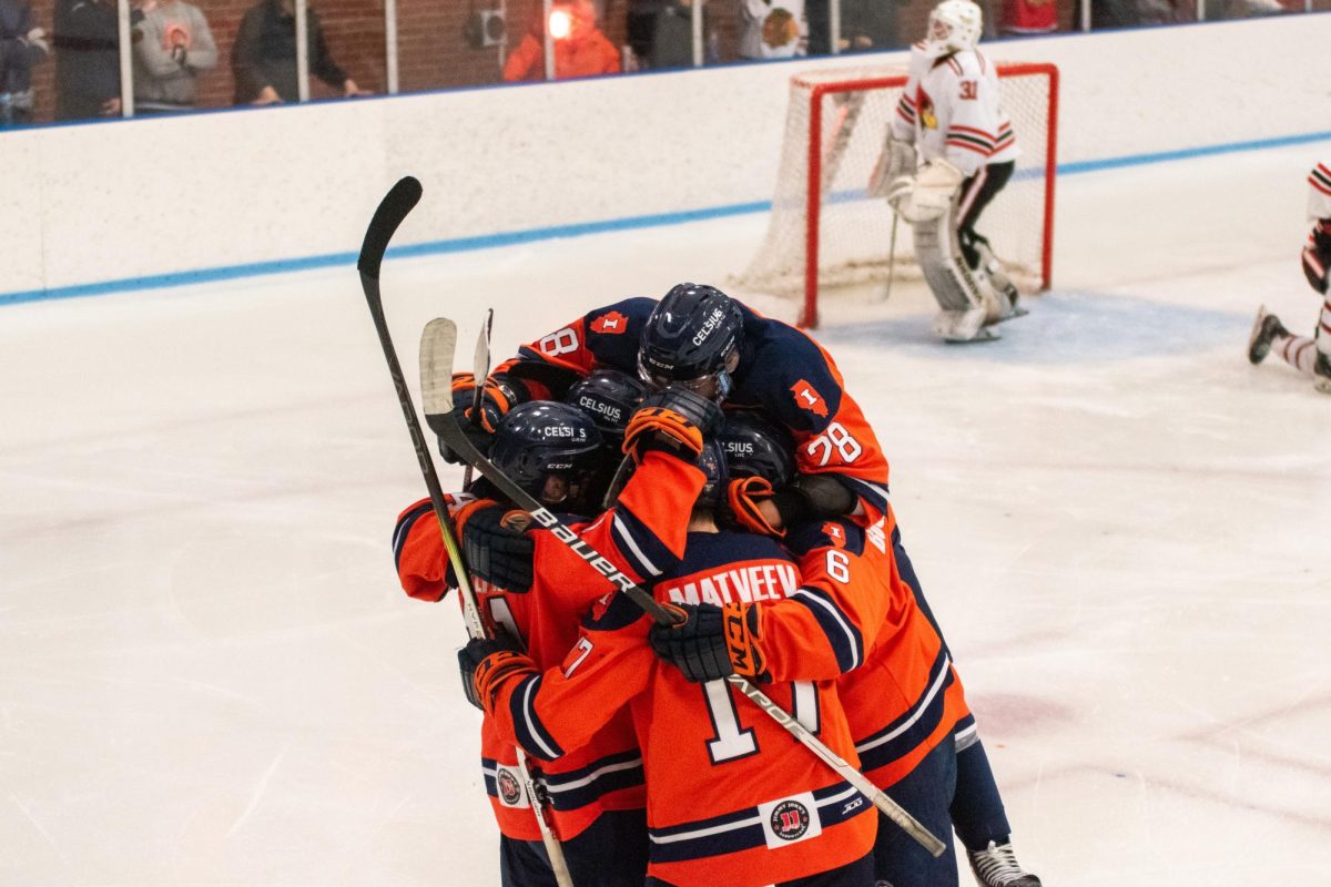 The Illinois mens hockey team celebrate a goal in a game against Illinois State on Feb. 23. The Ice Arena is home to both Mens and Womens Club Hockey teams, as well as local hockey, figure skating and speed skating groups.