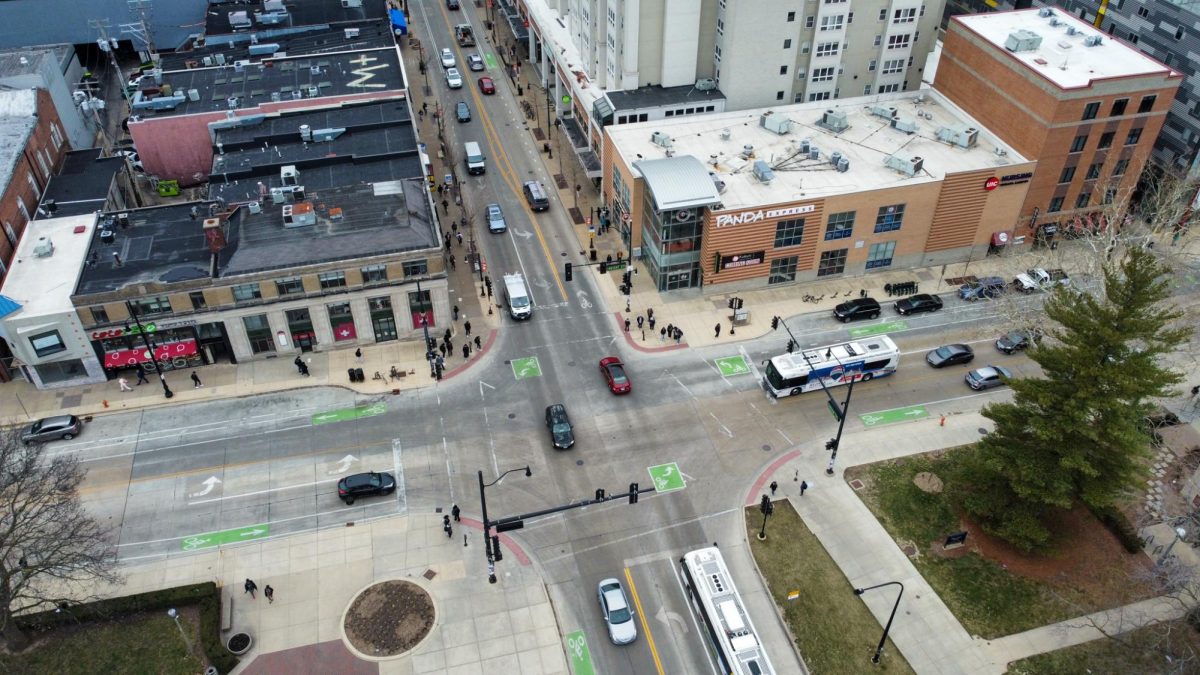 An aerial shot of the intersection of Green and Wright streets on March 1.