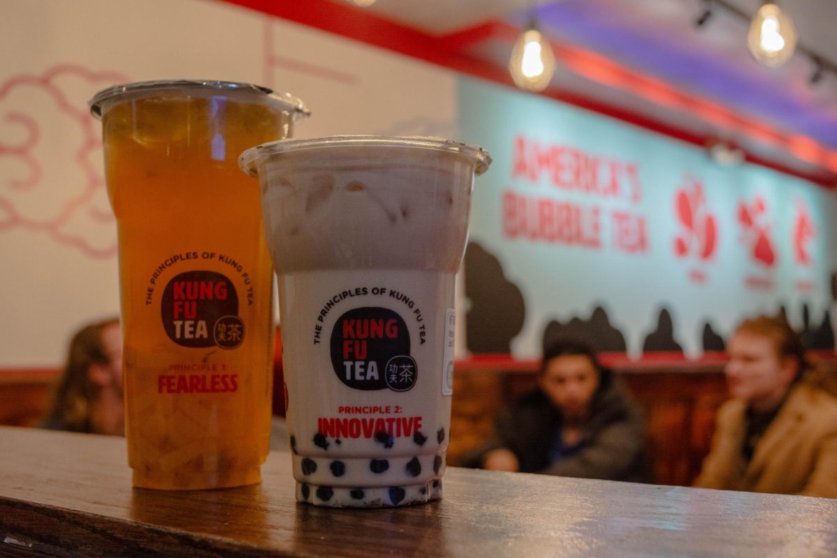 White grape punch with mango jelly and Classic milk tea with bubbles from Kung Fu Tea located on South Sixth Street in Champaign.