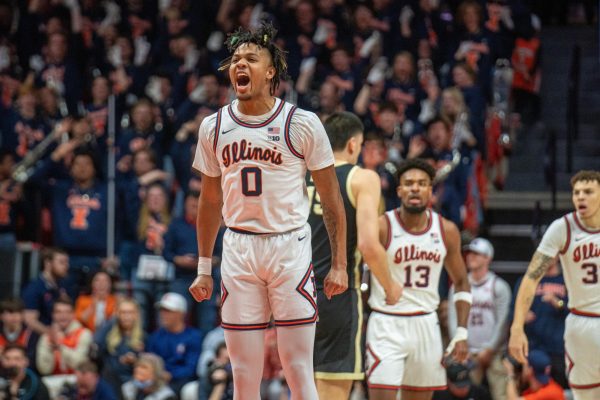 Fifth year guard Terrence Shannon Jr. pumps up to start his senior night against Purdue on Tuesday.