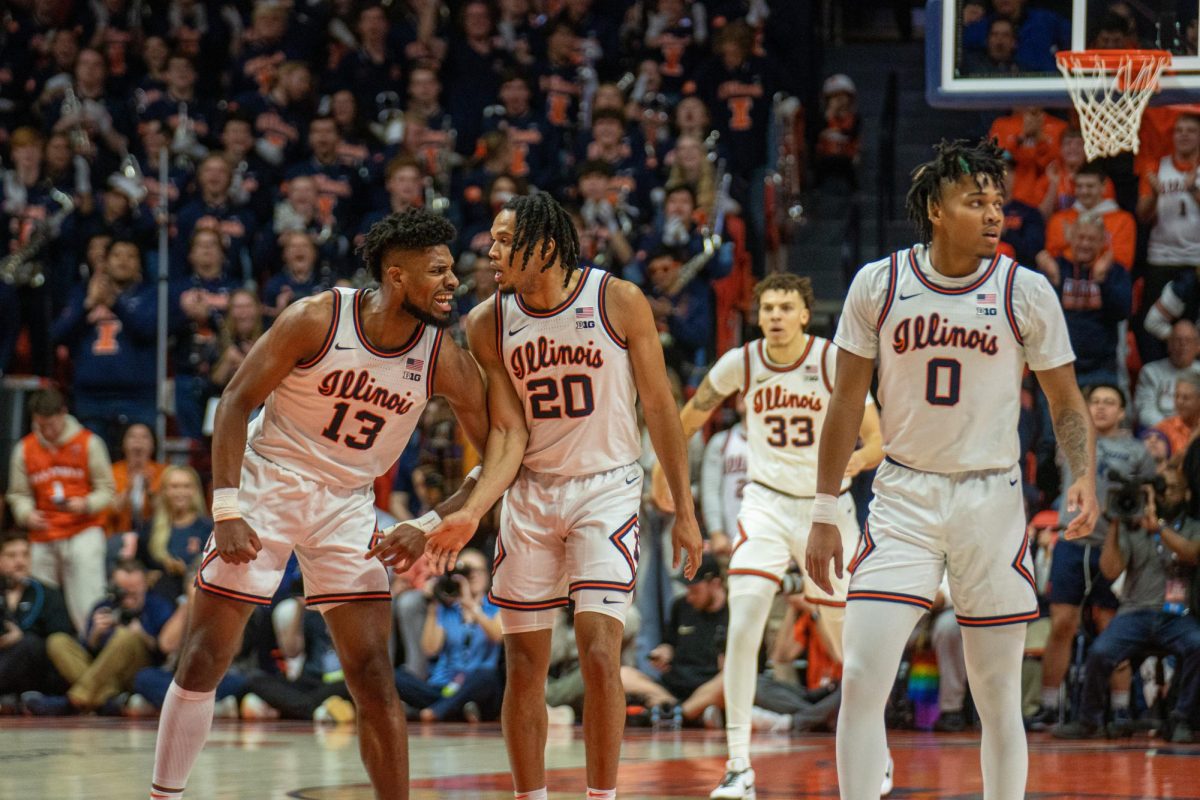 Fifth+year+guard+Quincy+Guerrier+and+sophomore+guard+Ty+Rodgers+match+each+others+energy+during+the+game+against+Purdue+on+Tuesday.