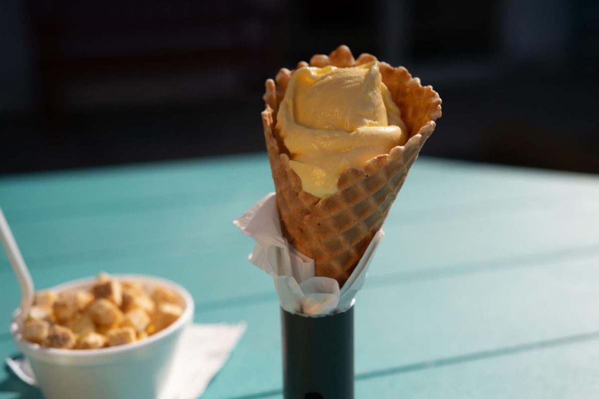A+single+scoop+of+lemon+ice+cream+in+a+waffle+cone+from+Jarling%E2%80%99s+Custard+Cup+rests+on+a+table+on+a+sunny+spring+afternoon+on+March+23.