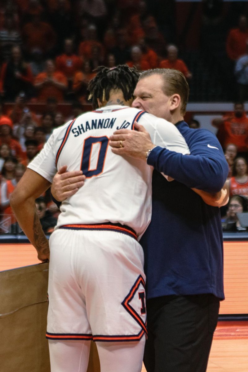 Head+coach+Brad+Underwood+embraces+fifth+year+guard+Terrence+Shannon+Jr.+during+senior+night+at+the+State+Farm+Center+on+Mar.+5.+Shannon+has+been+found+not+guilty+of+sexual+assault+charges+by+a+Kansas+jury.