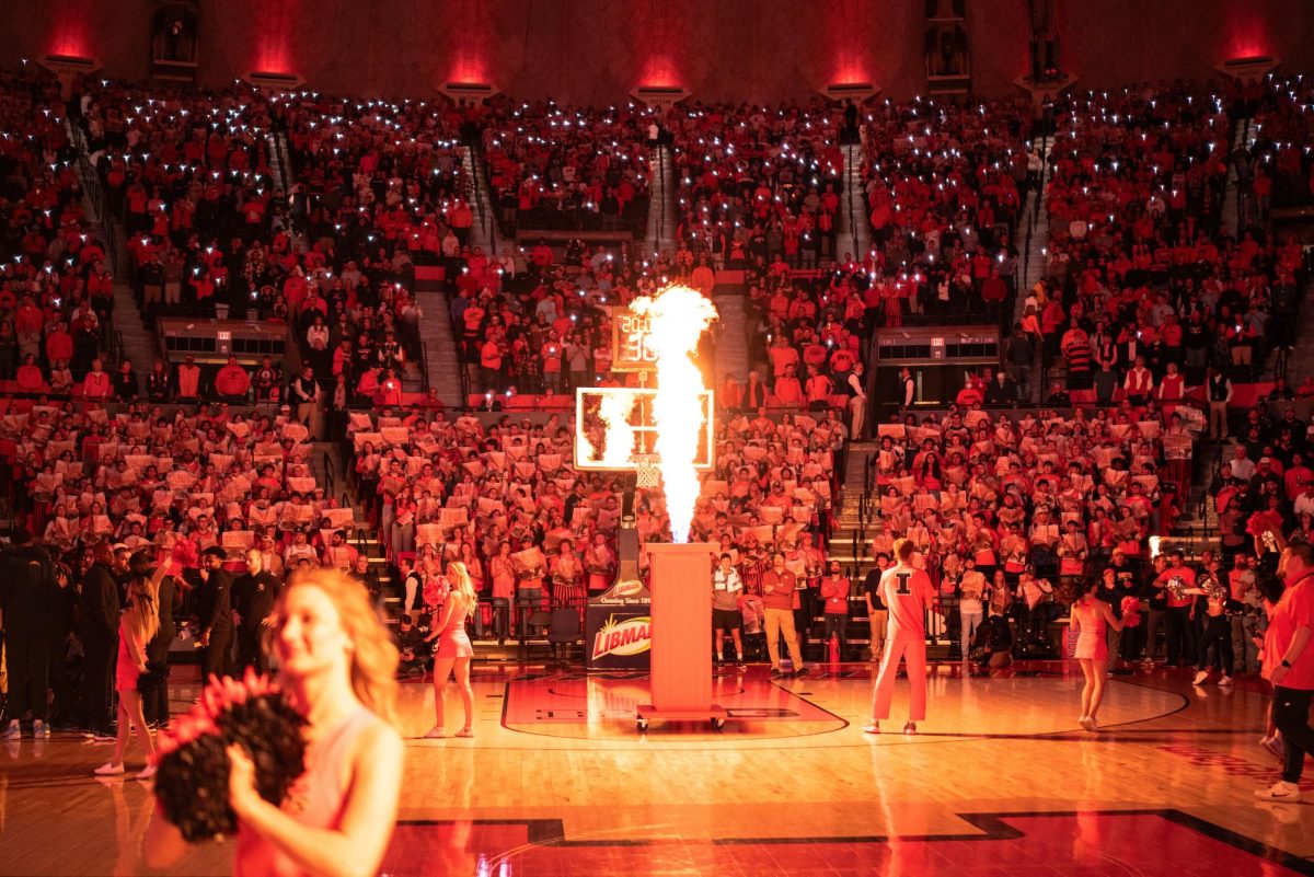 Fans+at+the+State+Farm+Center+cheer+as+the+Illinois+basketball+team+makes+their+introductions+before+facing+Marquette+on+Nov.+14.