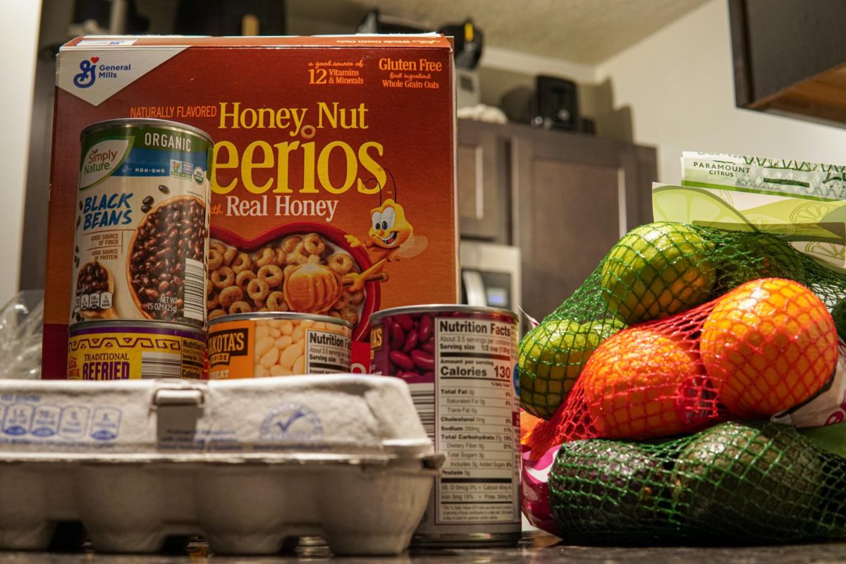 An assortment of groceries sits on an apartment countertop on Thursday. 