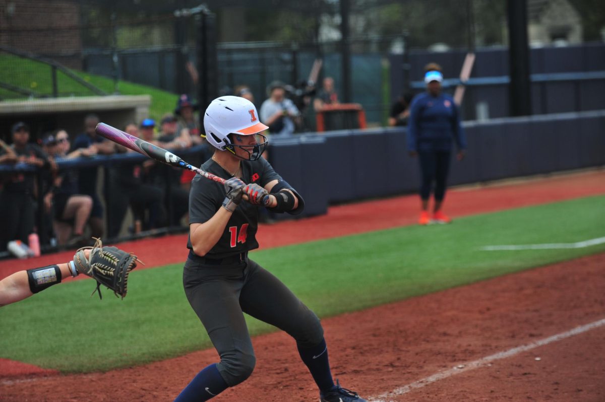 Graduate student Kelly Ryono gets ready to hit back the ball during the game against Ohio on Apr. 15. 